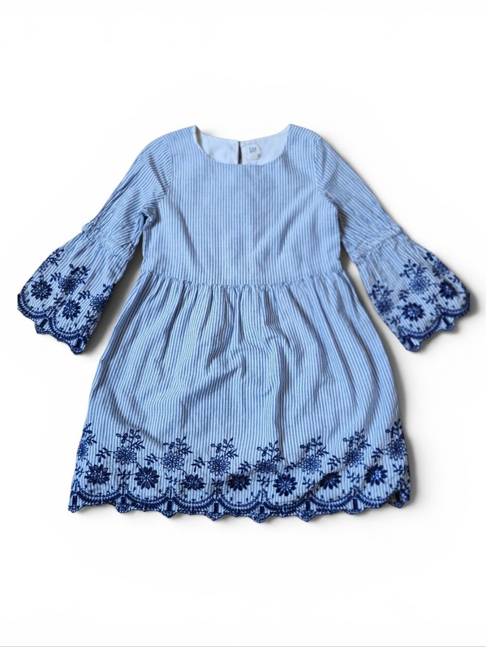 GAP Kids Girls' Dress Size S Small Blue White Stripes Embroidered Bell Sleeves